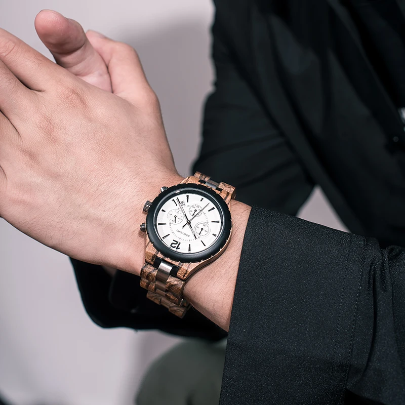 Relogio masculino BOBO PAUKŠČIŲ Medienos Žiūrėti Vyrų Verslo Rankiniai laikrodžiai Chronograph Laikrodžiai, Nerūdijančio Plieno Juosta Medienos Dovanų Dėžutėje