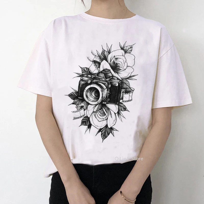 Retro kamera t-shirt moterų akvarelė gėlės fotoaparato spausdinti vintage marškinėliai, femme white t shirt grafikos marškinėlius viršūnes drabužiai