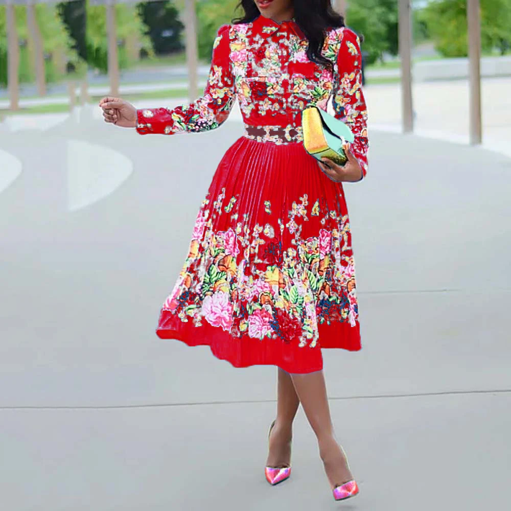 Rudenį Ilgomis Rankovėmis Moterims, Plisuotos Gėlių Spausdinti Suknelė 2020 Elegantiškas Moterų Plius Dydis Afrikos Office Ponios Derliaus Midi Suknelė Retro