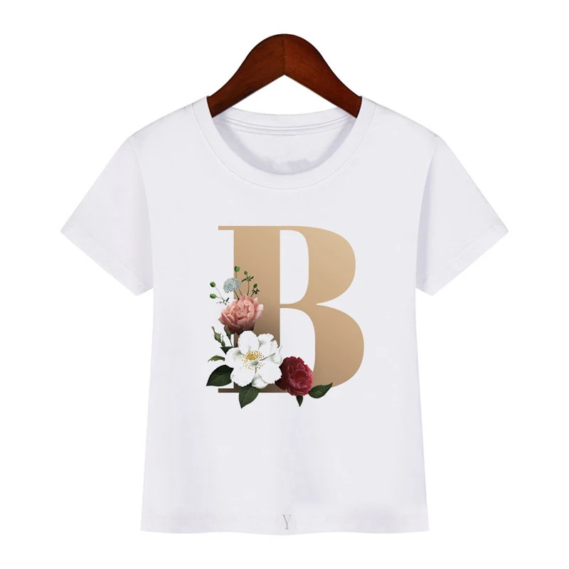 Vaikų Harajuku laišką trumpomis Rankovėmis Viršūnes Tee A B C D anglų kalbos Abėcėlę Gėlės Print T shirt Girls Atsitiktinis korėjos stiliaus Marškinėlius