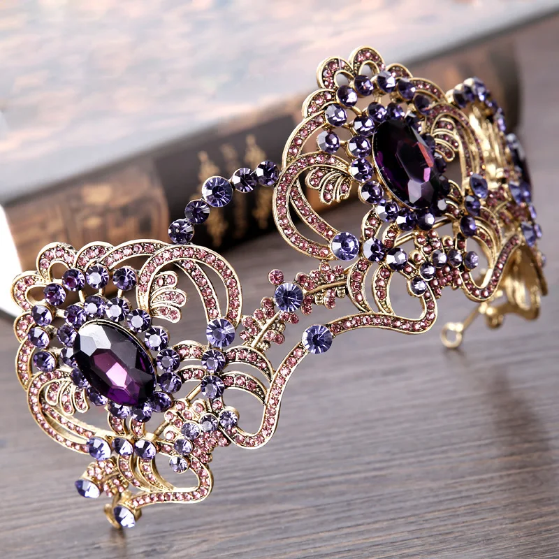 Violetinė gėlė kristalų vestuvių tiara nuotakos vainikėliu vestuvių nuotaka aukso spalvos, kalnų krištolas karūna lankelis papuošalai, aksesuarai