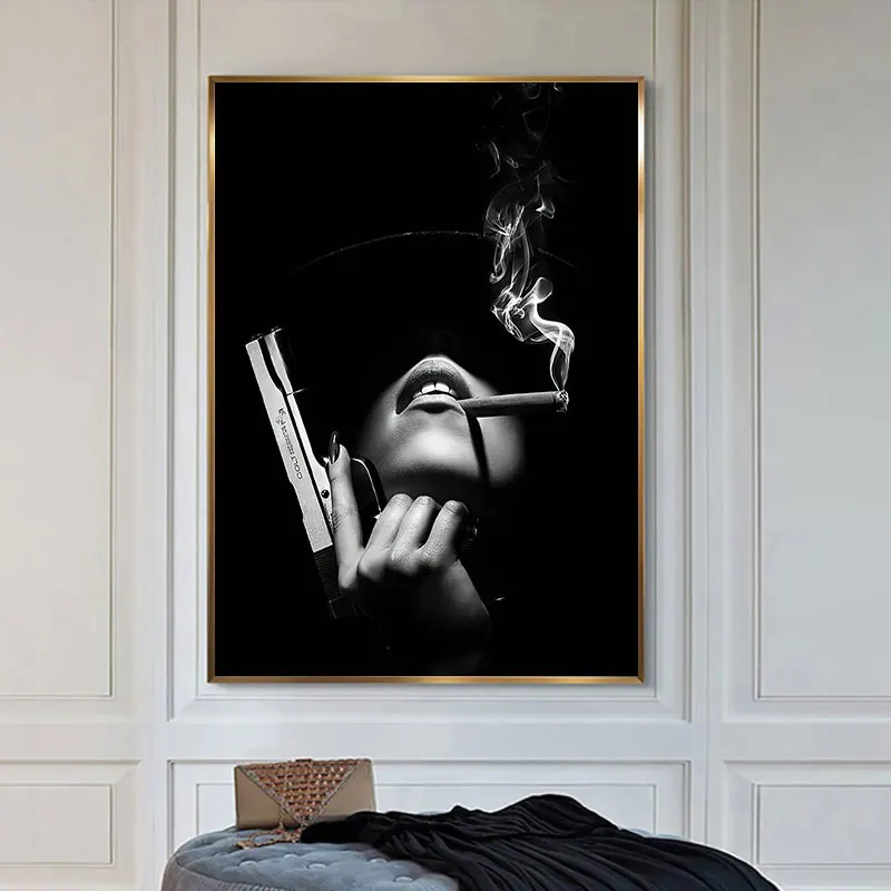 Šiaurės Stiliaus SexyWomen su Šautuvu ir Rūkymas Drobės tapyti Aliejumi Tapyba, Plakatas Morden Sienos Meno Nuotrauką Svetainės Namų Dekoro