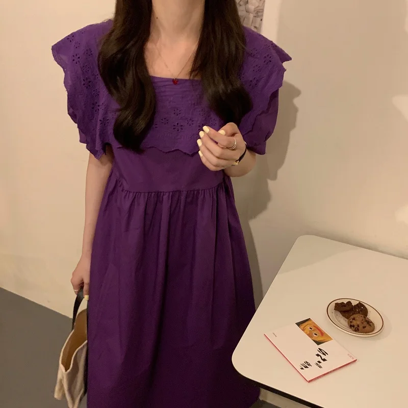 2020 moterų Vasaros Derliaus Violetinė Sailor Apykaklės Gėlių Žakardo Ilgai-line Suknelė Aukšto Juosmens 