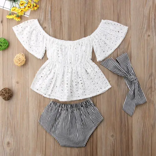 3pcs Bamblys Baby Girl drabužiai nustatyti Nėrinių tuščiaviduriai iš trumpomis rankovėmis Viršuje +Stripe Šortai +lankelis 3Pcs Komplektai rinkinys drabužiai