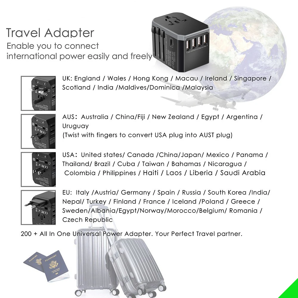 4USB Universalus Kelionių adapteris C Tipo universalus maitinimo adapteris, skirtas kelionės Žvakės Konverteris, skirtas ES MUS UK AU kelionės įkroviklis