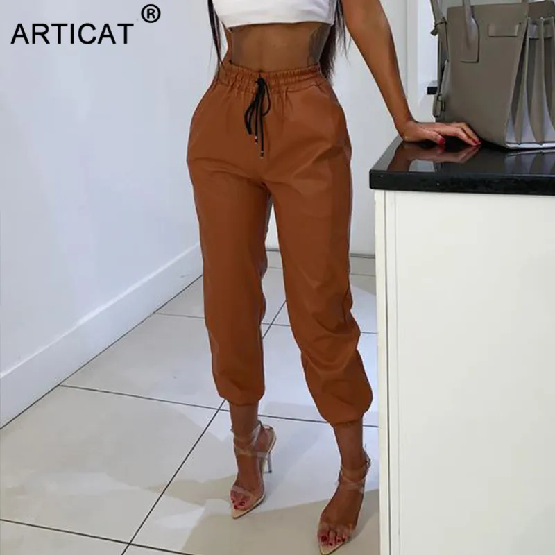 Articat 2020 Naujas PU Oda, Moterų Haremas Kelnės Atsitiktinis Aukšto Juosmens Elastinga Dirbtiniais Odos Kelnės Moterims Rudenį Kelnes Streetwear