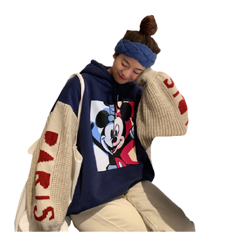 Disney Mickey Mouse Hoodie Moterų Rudenį ir Žiemą Prarasti korėjos Stiliaus Plius Aksomo Storio Streetwear Megztinių Rankovės Drabužiai