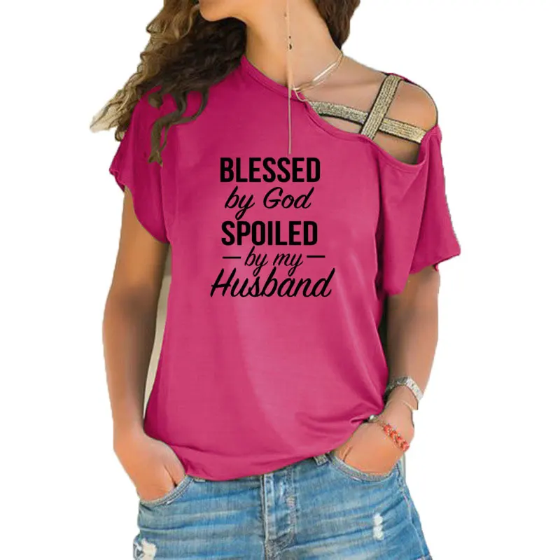 Jėzus T-Shirt Dievas Hubby Wifey Bažnyčia T-Shirt Dievo Palaimintas Sugadina Mano Vyras marškinėliai Moterims Nereguliarus Nerijos Kryžiaus Tvarstis Viršų