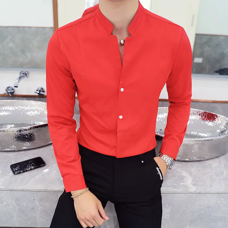 Kinijos stovėti apykaklės, marškinėliai vyrų 2019 naujų rudens vientisos spalvos marškinėliai slim Chemise Homme vyrams, atsitiktinis verslo socialinės suknelė marškinėliai 5XL