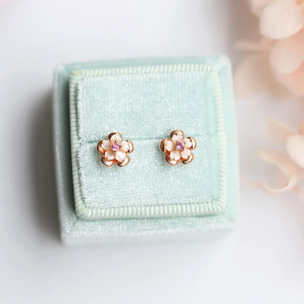 LAMOON Sakura 925 Sidabro Stud Auskarai Girl Moterų Gamtos Pink Shell Mini Gėlių 18K Rose paauksuoti Fine Jewelry LMEI096