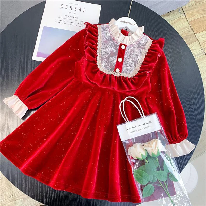 Mergaitės Suknelė Rudens Dress Nauja Vaikų Princesė Dress Mergaitė Raudona Nėrinių Suknelė Elegantiškas, Gražus Suknelė