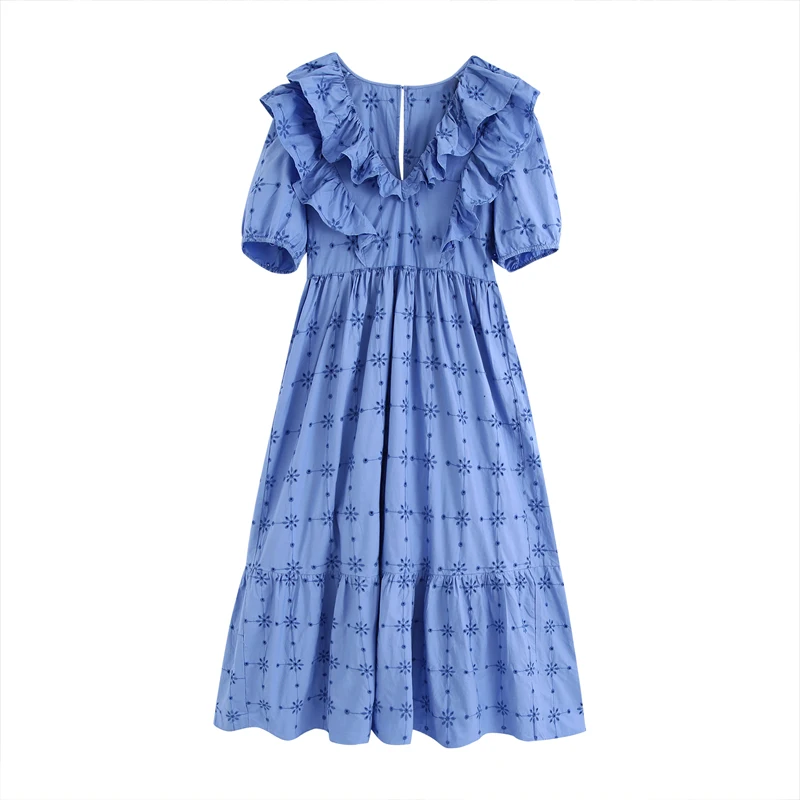 Mėlyna Moterims gėlių siuvinėjimas Maxi suknelės 2020 Naują atvykimo V-kaklo Pusė rankovėmis moteriška Ilga suknelė Atostogų stiliaus Mėlyna YNZZU YD475