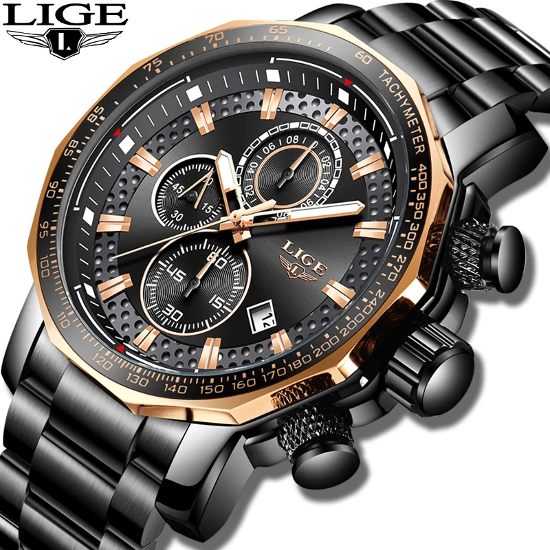 Naujas 2019 LIGE Vyrai Laikrodžiai Top Brand Prabanga Sporto Kvarco Visų Plieno Vyrų Laikrodis Karinės Vandeniui Chronograph Relogio Masculino