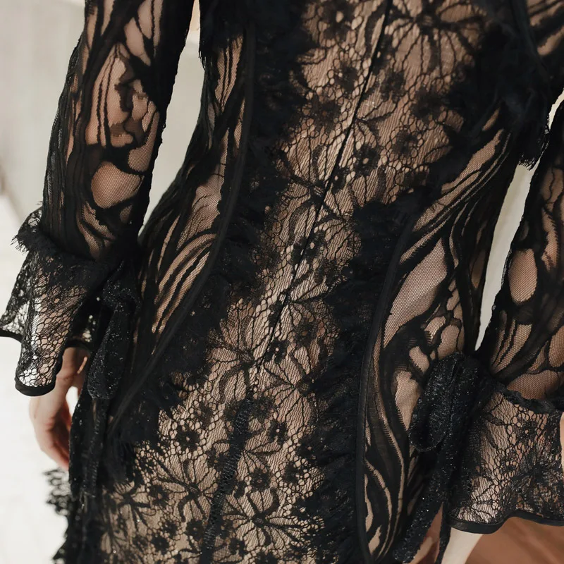 Naujas Prekės ženklas High-end Kratinys Prabanga Princesė Nėrinių Suknelė Moterims Juodas Ilgas Rankovėmis Varpo O Kaklo Suknelė Tvarstis Elegantiškas Šalis Suknelės