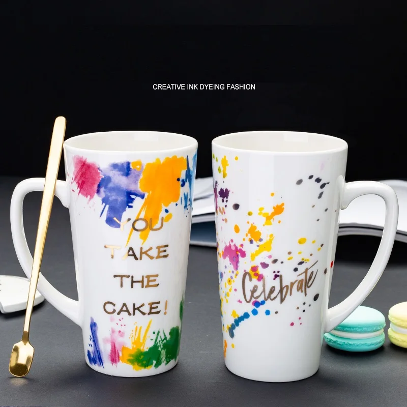 OUSSIRRO 500ML Kūrybinės Keramikos, Kavos Puodeliai, Arbatos, Pieno Puodelis su Dangteliu ir Šaukštu Kūrybos Vestuvės Mėgėjams Dovana