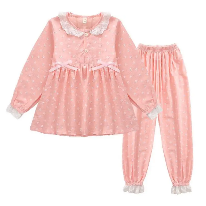 Pavasarį, rudenį naujų ilgomis rankovėmis medvilnės spausdinti kūdikių pižama mergaitėms nėrinių kratinys princesė viršūnes + kelnes 2vnt rinkiniai vaikams tinka 1047