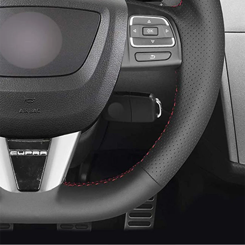 Ranka siūti Juoda Dirbtinė Oda Automobilių Vairo Dangtelis Seat Leon (Cupra) MK2 1P 2009-2012 m.