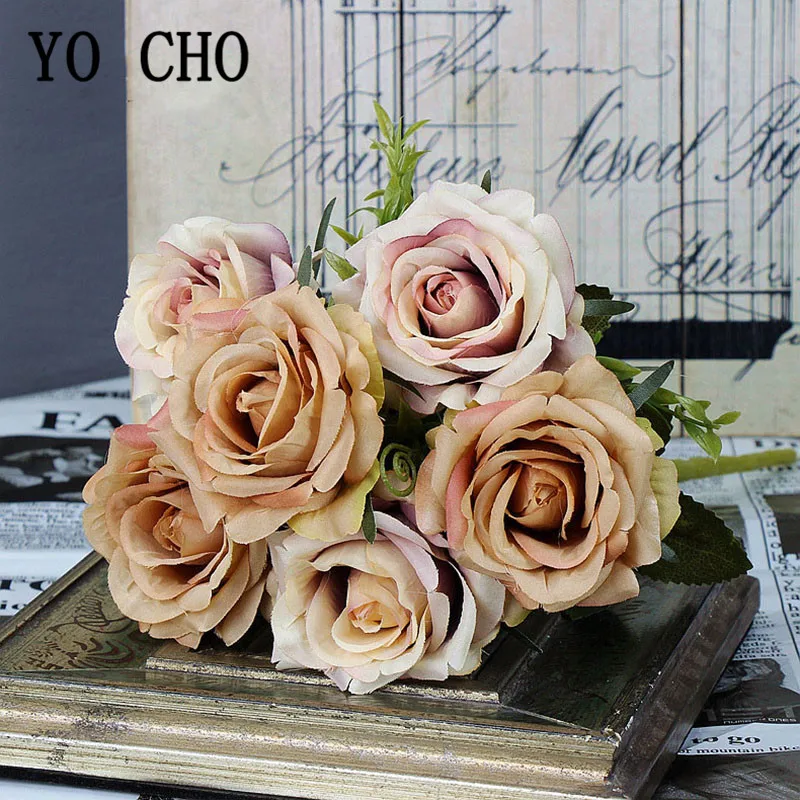 YO CHO 6 Vadovai Šilko Rožė Dirbtinės Gėlės 2 Asorti Spalvos Rožių Flore Vestuvių Dekoravimo, Žiemos Netikrą Gėlių Namų Dekoro