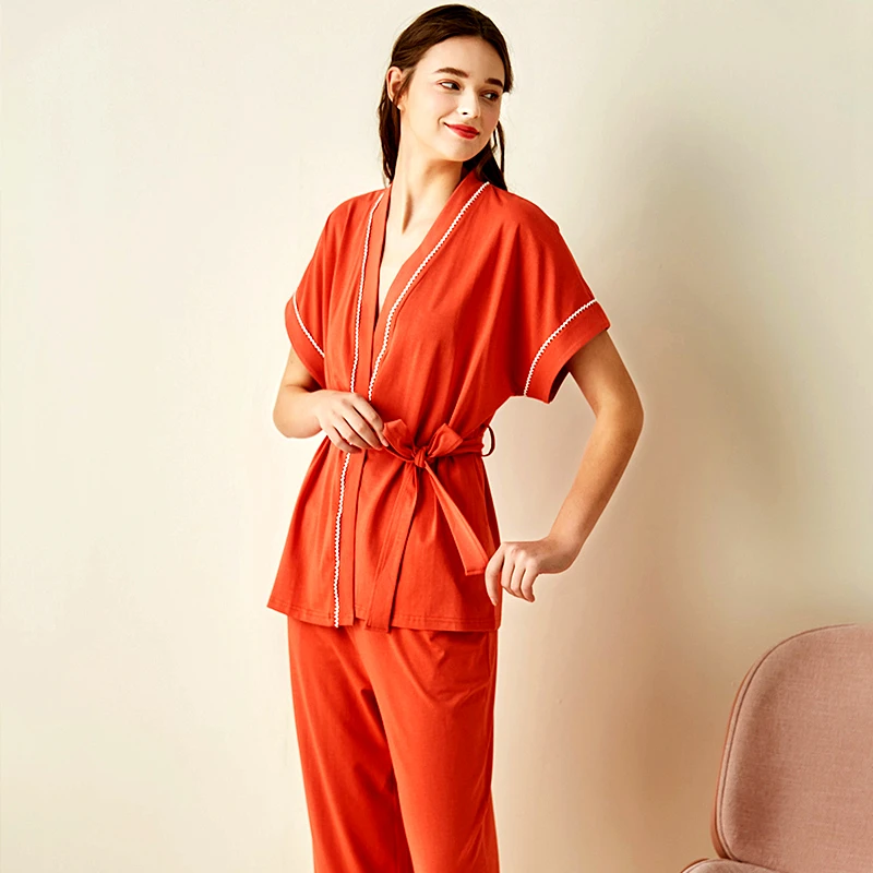 2021 m. pavasario ir vasaros medvilnės moterų pižama Kelnės Nustatyti trumpomis rankovėmis V-kaklo, elastinga namų drabužių cardigan nėrinių pižama