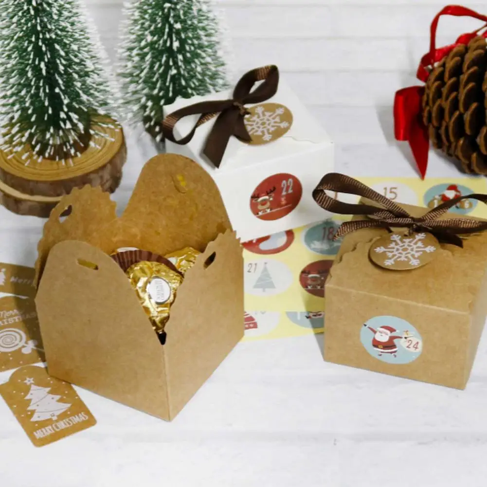 24 Rinkinių Kalėdinis Advento Kalendorius Kraft Popieriaus, Saldainių Dėžutė Su Žymių Lipdukai, Juostelės, Dovanų Saugojimo Apdailos Advento Kalendorius Krepšys