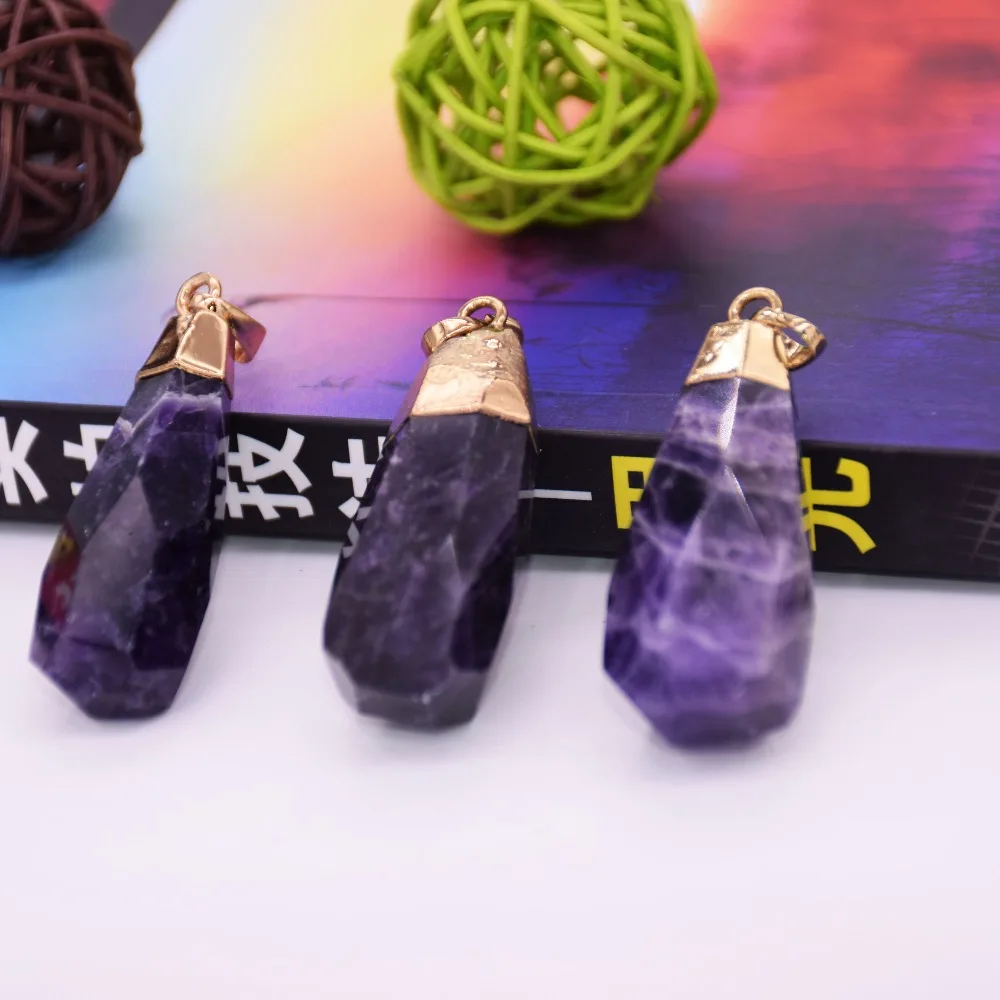 5pc Gamtos violetinė crystal akmens pakabukas moterų žavesio urmu 24k paauksuoti taško juostele perlas kvarco papuošalai priėmimo mergina dovana