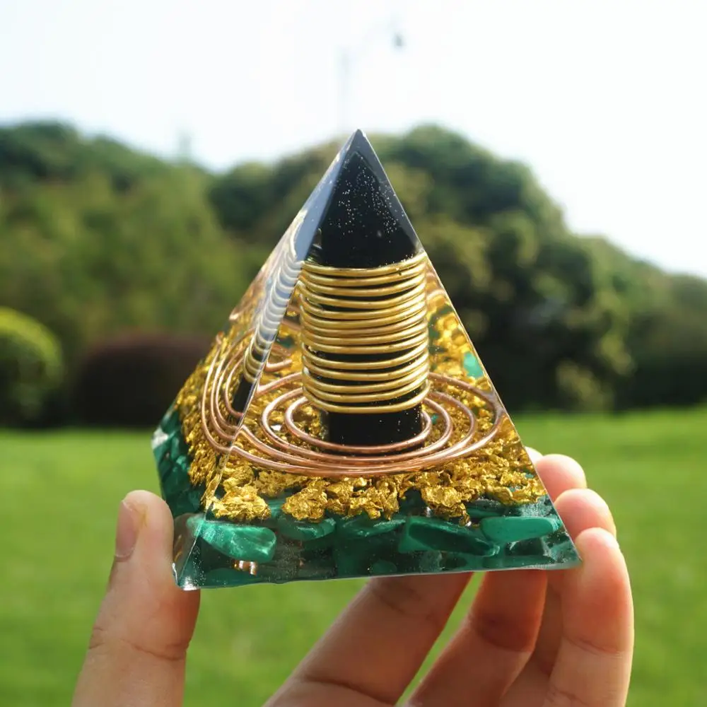 7CM Galingas Didelis Obsidianas Ramstis Orgone Piramidės su Malachito Kristalų Energijos Gijimas Chakra Reiki Orgonite Pyramide