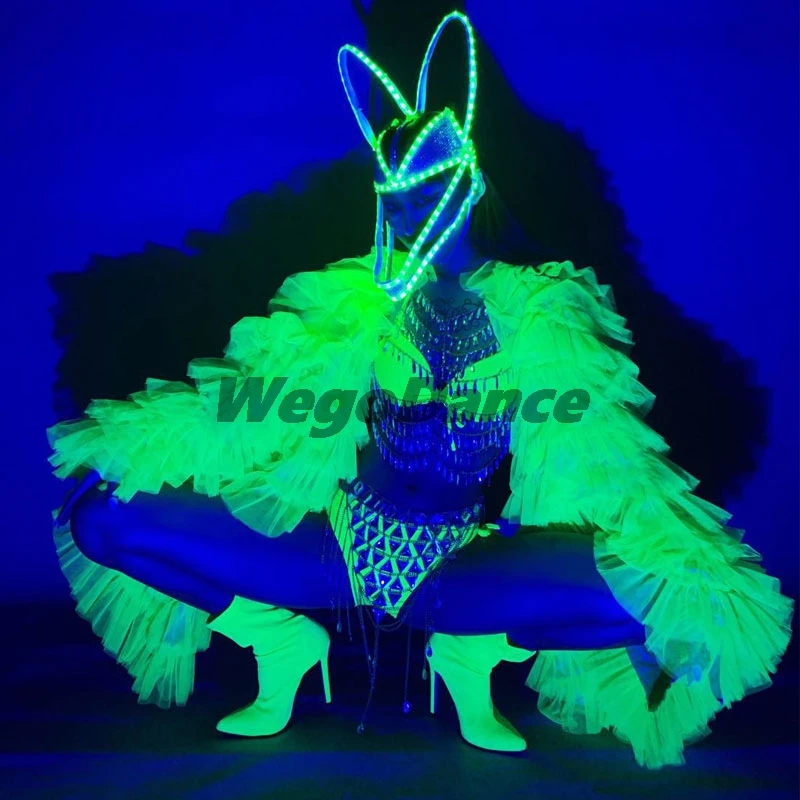 Fluorescencinė Žalia Bikini Moterims Kostiumas Kostiumas Striukė Kūno Grandinės, naktiniame klube Bar Etape Modelis Podiumo DJ pasirodymas Šokių Drabužiai