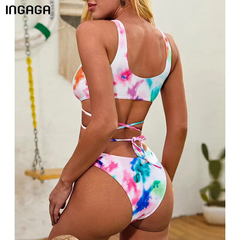 INGAGA Push Up Bikinis 2021 M. maudymosi Kostiumėliai Moterims Kryžiaus Tvarstis Maudymosi Aukštos Sumažinti Biquini Atogrąžų Spausdinti Bikini Nustatyti Maudymosi Kostiumai Naujas