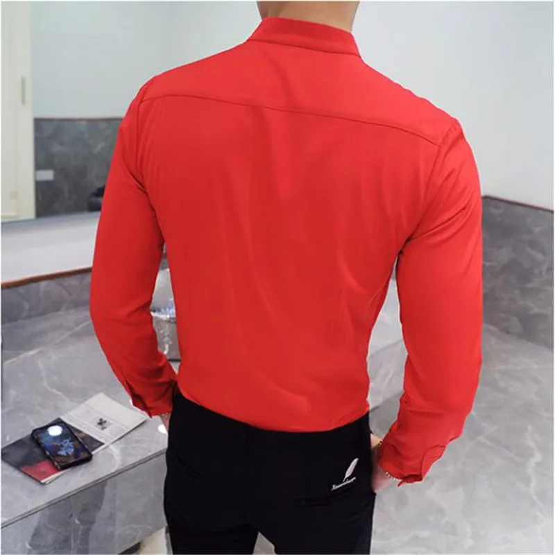 Kinijos stovėti apykaklės, marškinėliai vyrų 2019 naujų rudens vientisos spalvos marškinėliai slim Chemise Homme vyrams, atsitiktinis verslo socialinės suknelė marškinėliai 5XL