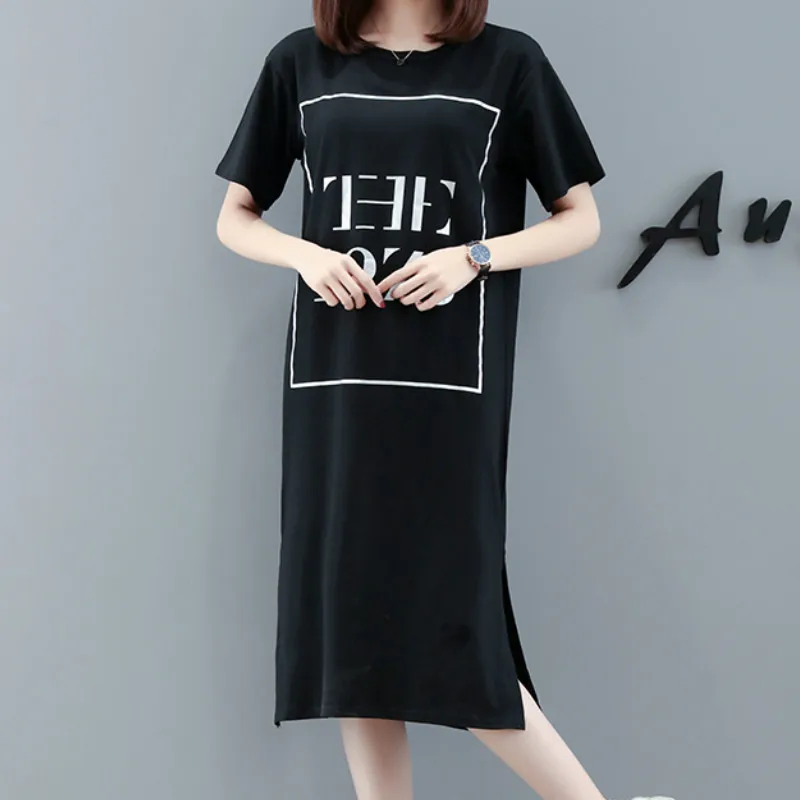 Korėjos Plius Dydis M-4XL Vasaros Suknelė Moterims trumpomis Rankovėmis Raides, Print T-shirtdress Atsitiktinis 