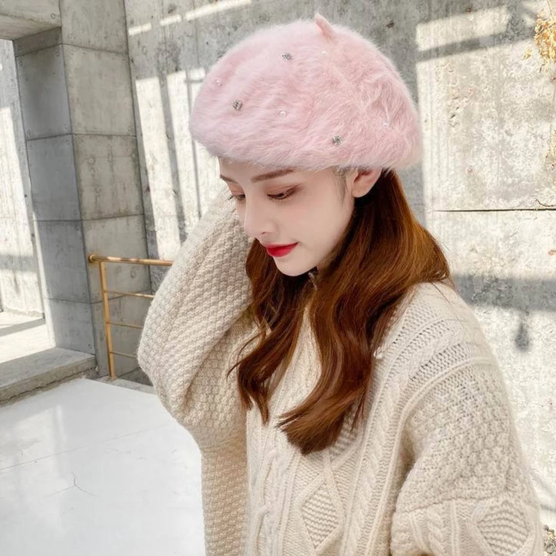Moterų Žiemos Fuzzy Pliušinis Beretė Bžūp Kalnų Krištolas Pearl Duobute Dailininko Beanie Skrybėlių