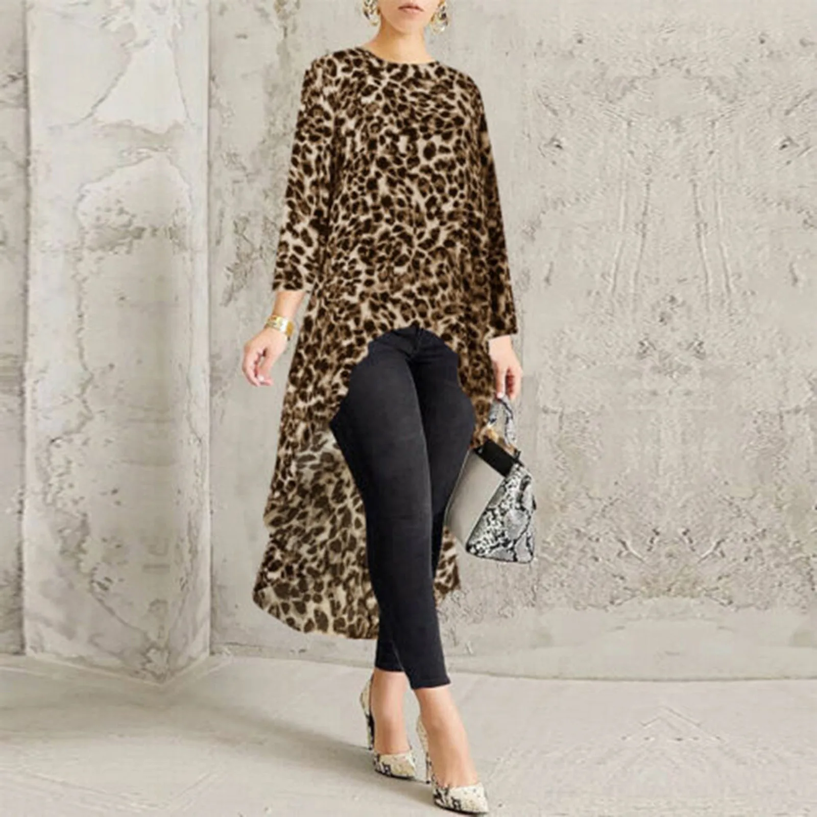 Plius Dydis Mados Didelis Mažas Leopardas Palaidinė Marškinėliai Prarasti Viršūnes Atsitiktinis Rudens Žiemos Merginų, Moterų, Moterų Ilgas Rankovėmis Blusas Megztinis