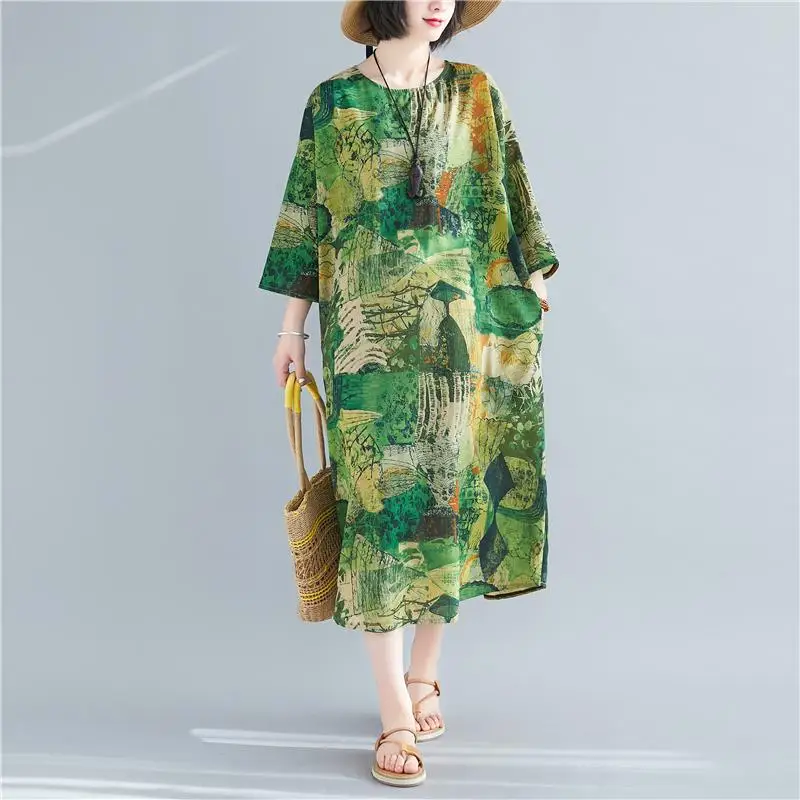 Plius Dydžio Satino Patalynė Green Print Suknelė Moterims Vasaros 2020 Gėlių Ponios Suknelės Ilgio Gėlių Holiday Beach Moteris Atsitiktinis Suknelė