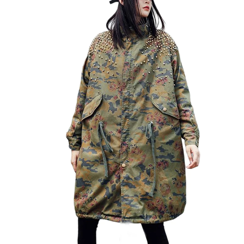 Plus Size Kamufliažas Tranšėjos Paltai Moterims Rudens Žiemos 2020 Vilnos Leopardų Kailio Kišenės Paltas Moteriška Outwear LT940S50