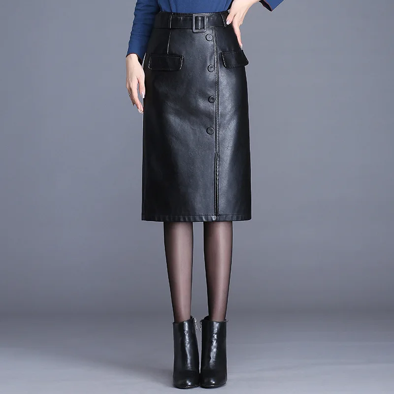 PU odos sijonas moterų ilgai skirsnis nauja rudens ir žiemos sijonai aukštos juosmens, plonas paketo klubo sijonas didelio dydžio kelio žingsnis sijonas