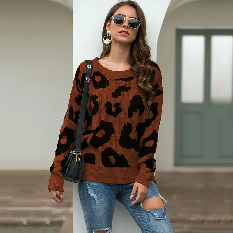 Rudenį ir žiemą, leopardas spausdinimui megztinis apvalios kaklo laisvas megztinis džemperis megztinis (puloveris) moterų megztinis sueter mujer