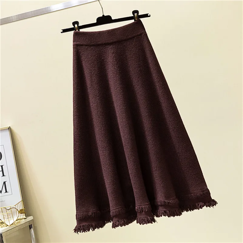 Rudenį, žiemą lankstus ruožas high waisted midi linijos, šiltas šilumos megztas sijonas moterims kutais kutai moteriški sijonai