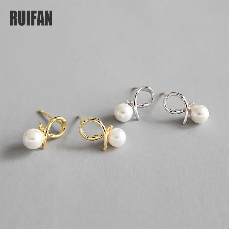 Ruifan Unikalus Geometrinis White Pearl White/18K Gold 925 Sterlingas Sidabro Stud Auskarai Moterų, Mergaičių, Fine Jewelry YEA423