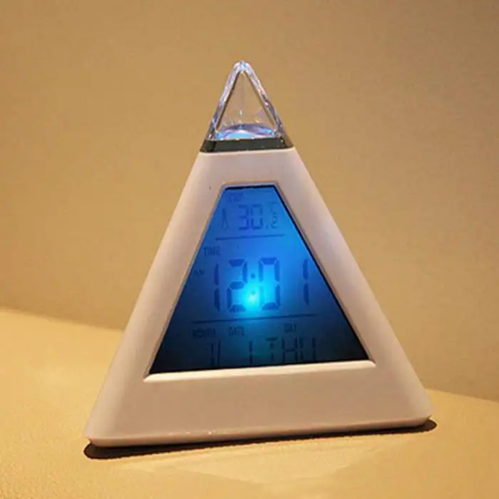 Skaitmeninis LED Laikrodis-Žadintuvas 7 Spalvų Keitimas Naktį, Šviesos, Laiko, Temperatūros Ekranas Piramidės Formos Stalinis Laikrodis