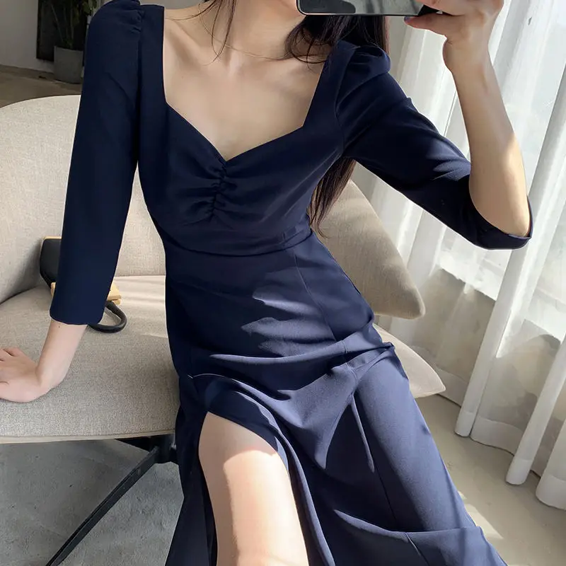 Suknelė Moterims, Elegantiškas Puoštas Kietas Vidurio Blauzdos Moterų Aikštėje Apykaklės Populiarus Imperijos Rudenį Karinio Jūrų Laivyno Madinga Prašmatnus Naujas-Line Prancūzijos Derliaus