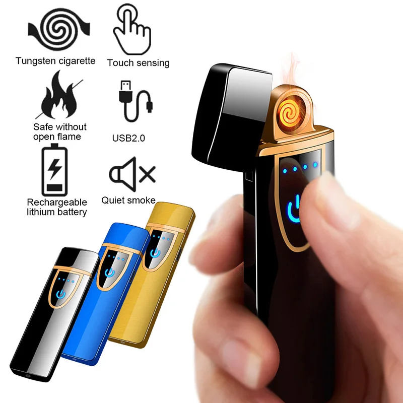 USB Įkrovimo Lengvesni Jutiklinis Ekranas Jutiklių Cigarečių Žiebtuvėliai Elektros Smart Vėjo Flameless Žmogui Dovana Žvakė Grotelės Kempingas